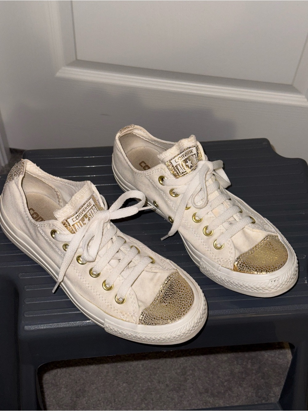 Converse Women’s Low Top Sneakers in White with Gold Accents